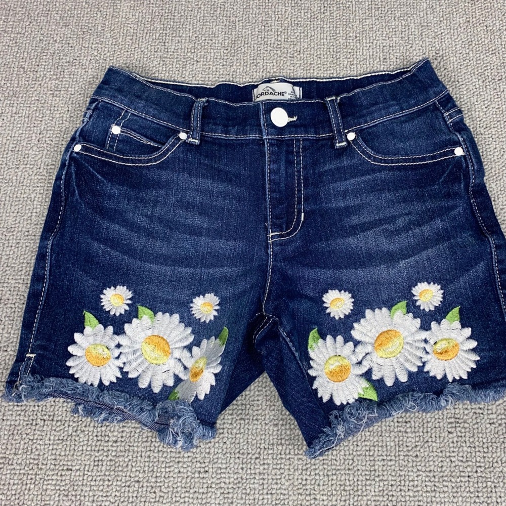 Jordache Denim Shorts Girls Size 10 Dark Blue Daisy Floral Embroidered Frayed
